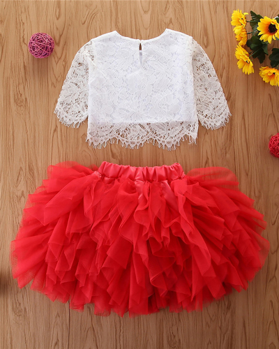 Kids Mesh Lace O-Neck Two Piece Set Pink Red Green 90-130