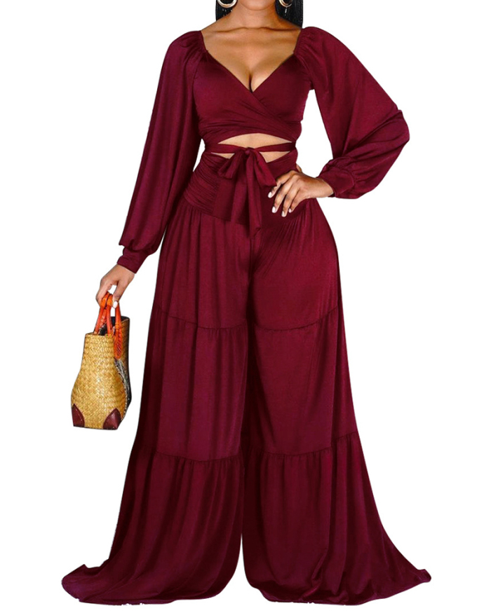 Women Long Sleeve Solid Color V-Neck Wide Legs Pants Sets Two Pieces Outfit Wine Red S-3XL
