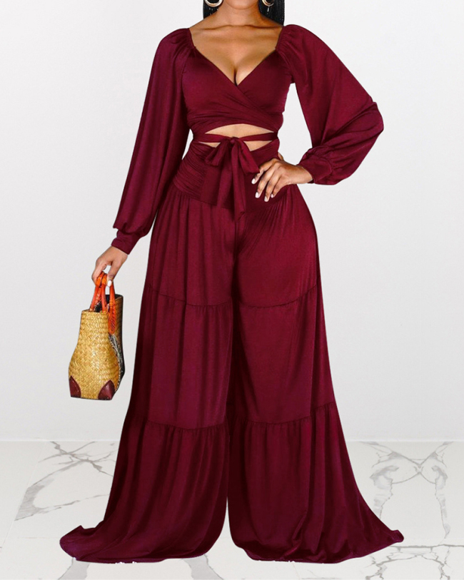 Women Long Sleeve Solid Color V-Neck Wide Legs Pants Sets Two Pieces Outfit Wine Red S-3XL