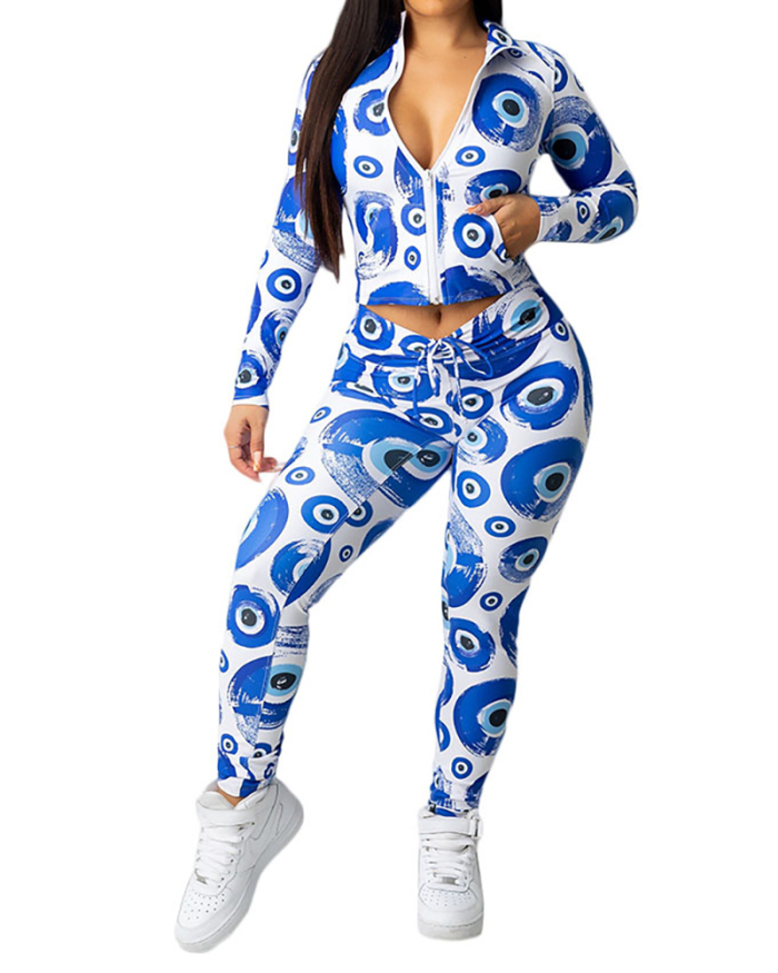 Fashion Printed Women Long Sleeve Zipper Tops Slim Pants Sets Two Pieces Outfit Blue White S-XL