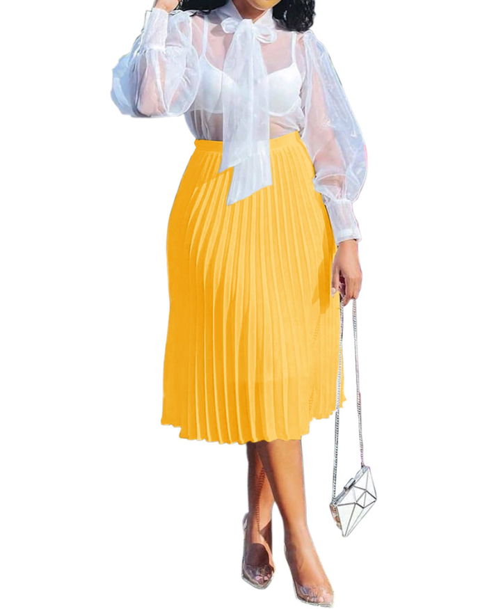 Fashion Women Solid Color Casual Chiffon Pleated Skirts White Grey Khaki Yellow Pink S-2XL