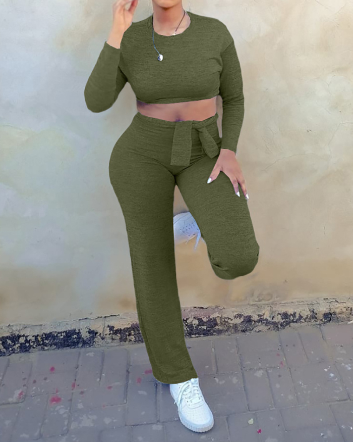 Women Long Sleeve Solid Color Crop Tops Casual Pants Sets Two Pieces Outfit Green Gray Pink S-XL