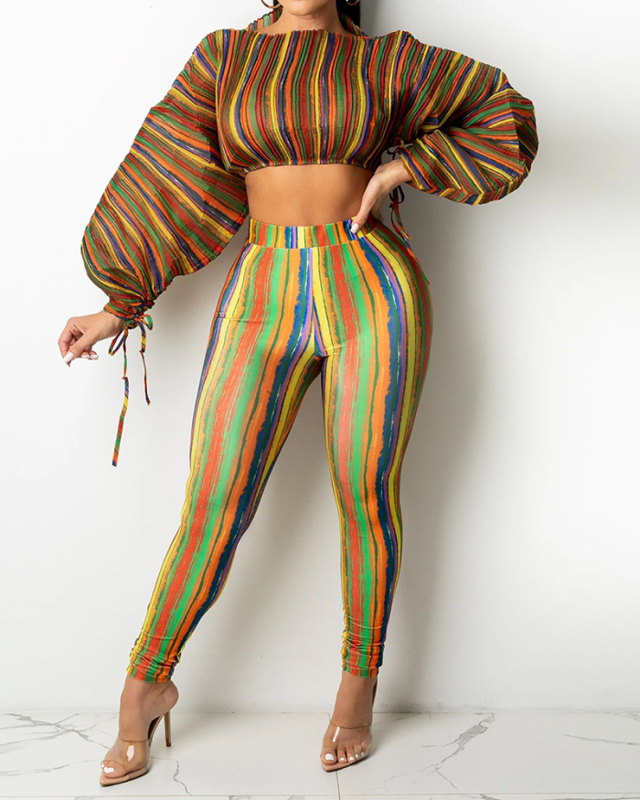 Women O-neck Striped Printed Long Lantern Drawstring Sleeves Crop Tops Slim Pants Sets Two Pieces Outfit Blue Brown Purple S-2XL