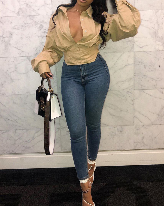 Fashion Solid Color Long Lantern Sleeve Buttons Blouses White Black Khaki S-3XL