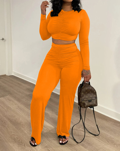 Women Long Sleeve Solid Color Crop Tops Pants Sets Two Pieces Outfit Black Orange Army Green Wine Red Apricot S-2XL