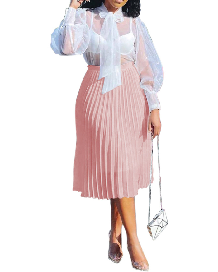 Fashion Women Solid Color Casual Chiffon Pleated Skirts White Grey Khaki Yellow Pink S-2XL