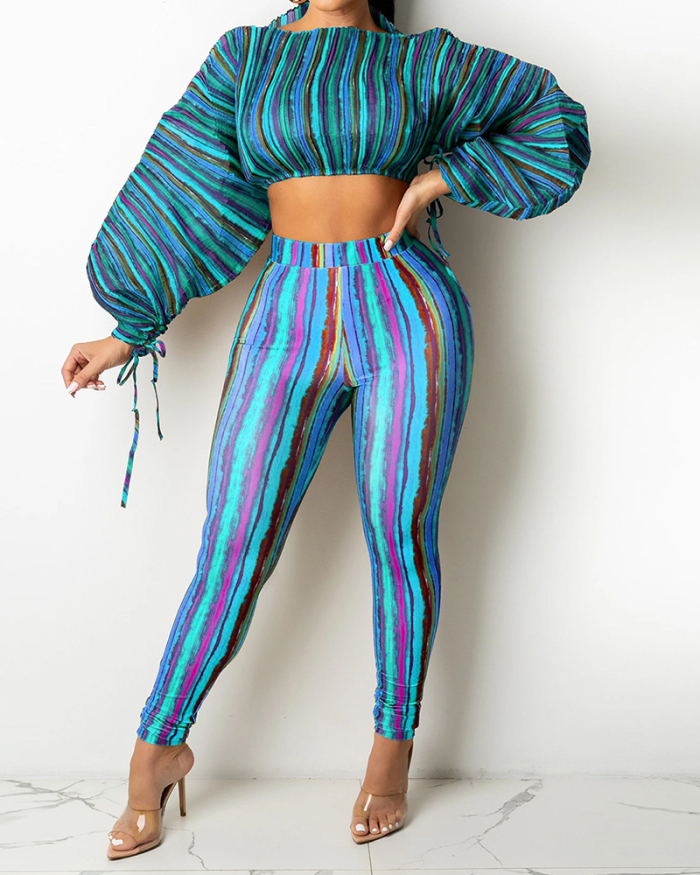 Women O-neck Striped Printed Long Lantern Drawstring Sleeves Crop Tops Slim Pants Sets Two Pieces Outfit Blue Brown Purple S-2XL