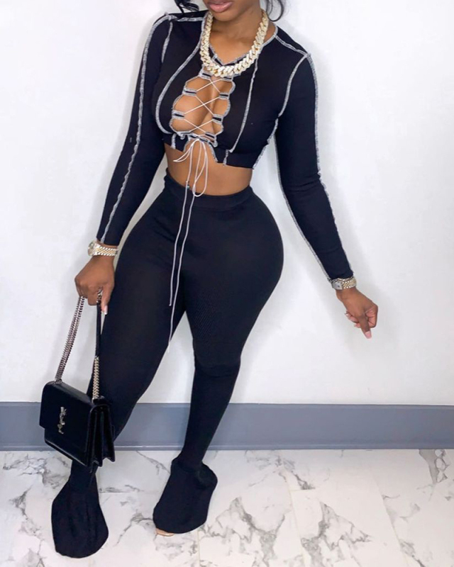 New Women's Sexy Hollow Two-Piece Long Sleeve Flared Pants Suit S-XL