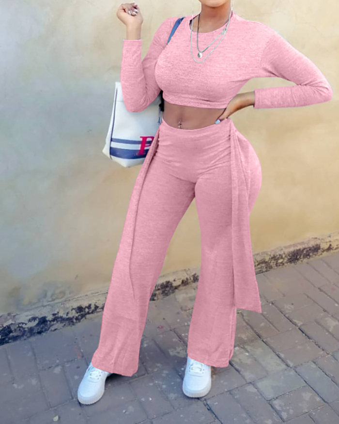 Women Long Sleeve Solid Color Crop Tops Casual Pants Sets Two Pieces Outfit Green Gray Pink S-XL