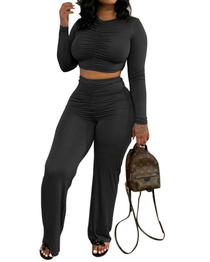 Women Long Sleeve Solid Color Crop Tops Pants Sets Two Pieces Outfit Black Orange Army Green Wine Red Apricot S-2XL