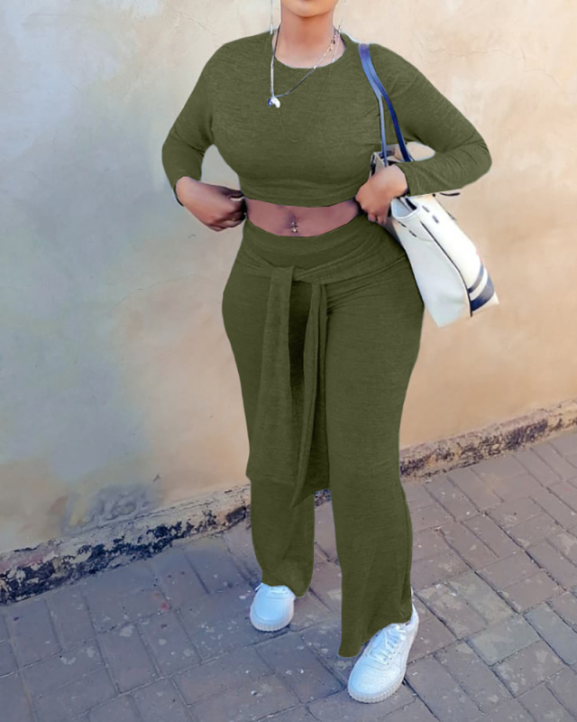 Women Long Sleeve Solid Color Crop Tops Casual Pants Sets Two Pieces Outfit Green Gray Pink S-XL