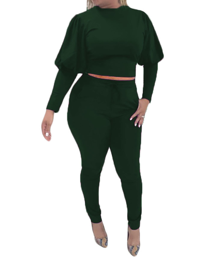Women Solid Color Long Lantern Sleeve Pants Sets Two Pieces Sets Red Black Green Rosy Blue S-XL