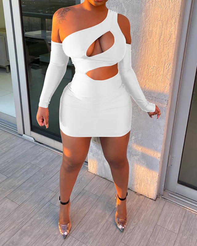Stylish Hollow Out Long Sleeve Solid Color Women Mini Bodycon Dresses Party Dress White Orange Black S-2XL