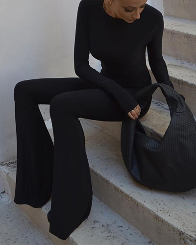 Lady Solid Color Backless Long Sleeve Jumpsuit Black S-L 