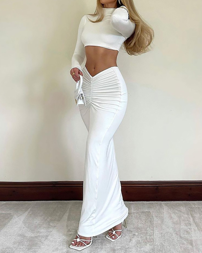Lady Solid Color Long Sleeve Crop Tops Two Piece Set White Black S-L 
