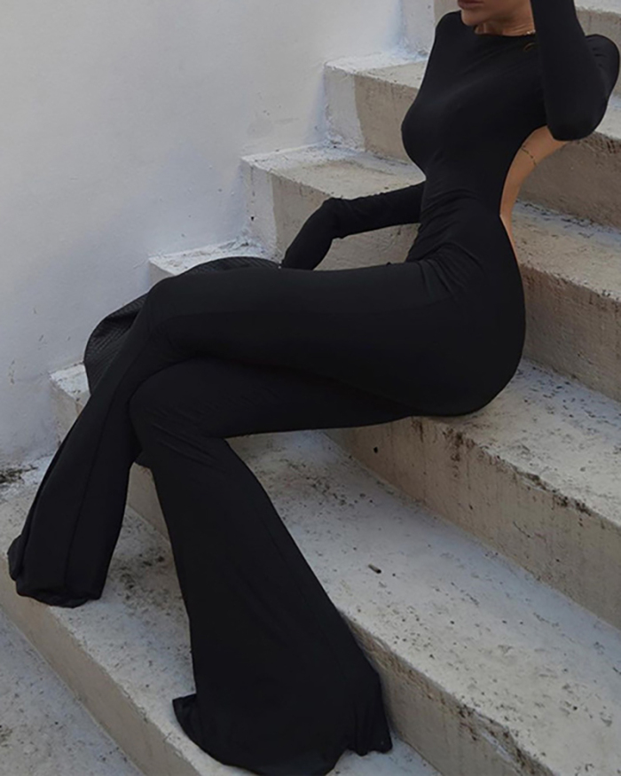 Lady Solid Color Backless Long Sleeve Jumpsuit Black S-L 