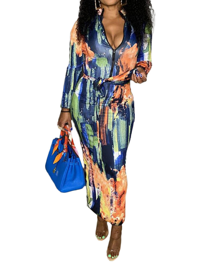 Women Long Sleeve Zipper Neck Fashion Printed Maxi Casual Dresses Blue Orange S-2XL