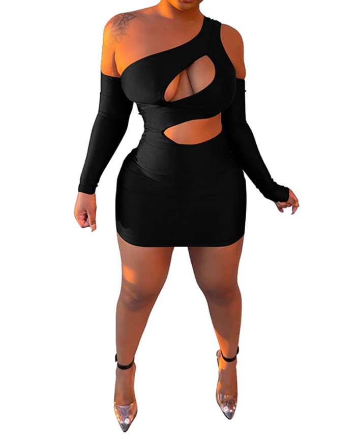 Stylish Hollow Out Long Sleeve Solid Color Women Mini Bodycon Dresses Party Dress White Orange Black S-2XL