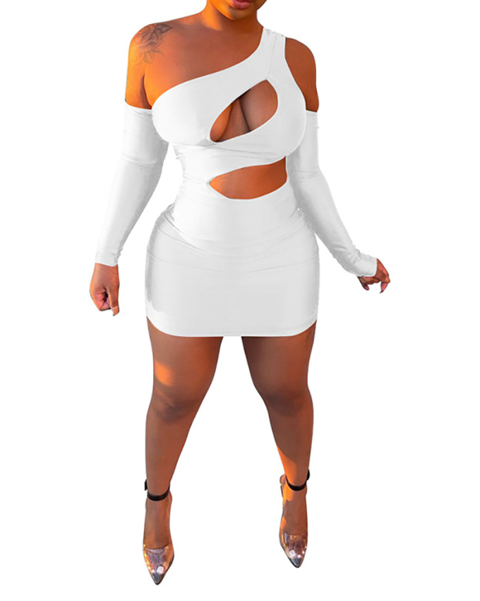 Stylish Hollow Out Long Sleeve Solid Color Women Mini Bodycon Dresses Party Dress White Orange Black S-2XL