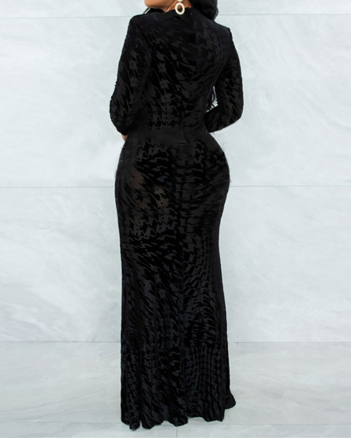 Solid Color Fashion Long Sleeve Deep V Neck Evening Dress Black S-XL