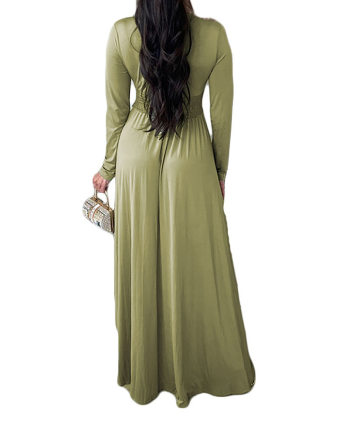 Elegant Long Sleeve Deep V-Neck Solid Color Women Maxi Evening Dress Pink Green Brown Black S-XL