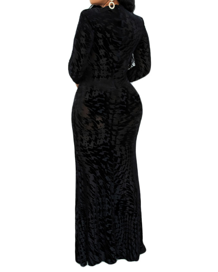Solid Color Fashion Long Sleeve Deep V Neck Evening Dress Black S-XL
