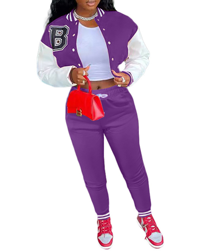 Women Colorblock Jacket Colorblock Single-breasted Alphabet Print Baseball Uniform Sports Suit Two Pieces Outfit S-2XL