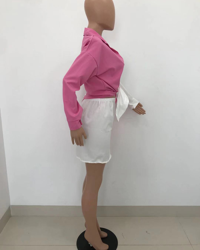 Fashion Long Sleeve Colorblock Crop Top Button Skirt Sets Two Pieces Outfit Pink Khaki Cyan S-XL