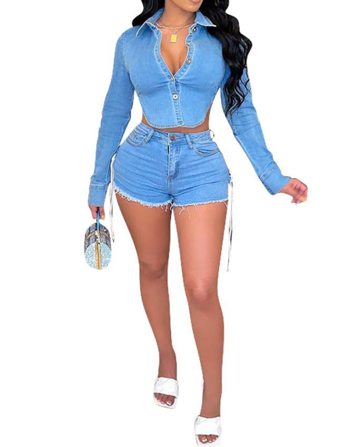 Women Long Sleeve Open Back Jean Crop Tops Sexy Strappy Short Sets Two Pieces Outfit Blue S-2XL
