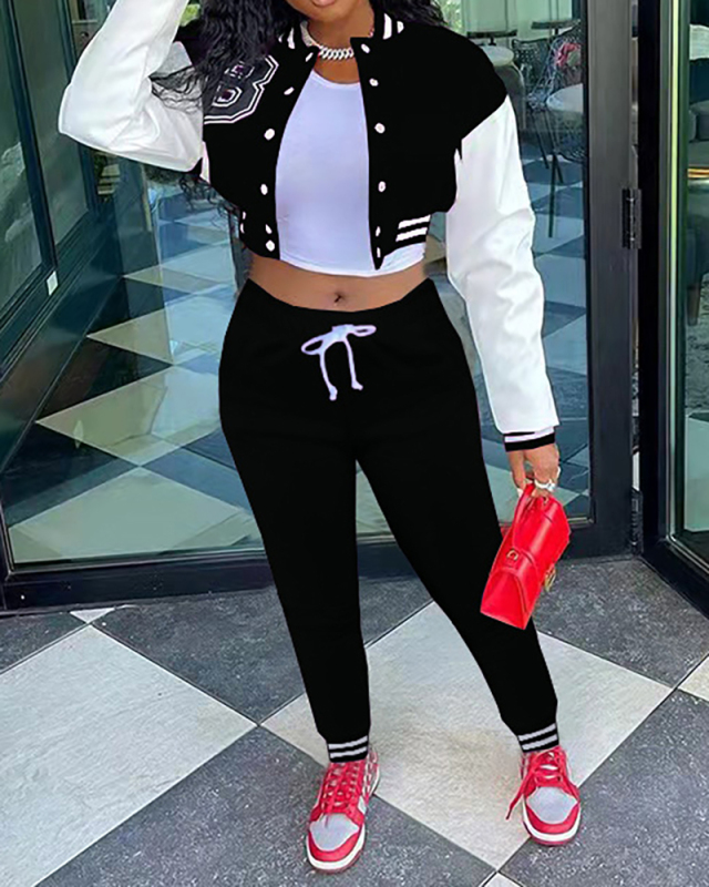 Women Colorblock Jacket Colorblock Single-breasted Alphabet Print Baseball Uniform Sports Suit Two Pieces Outfit S-2XL