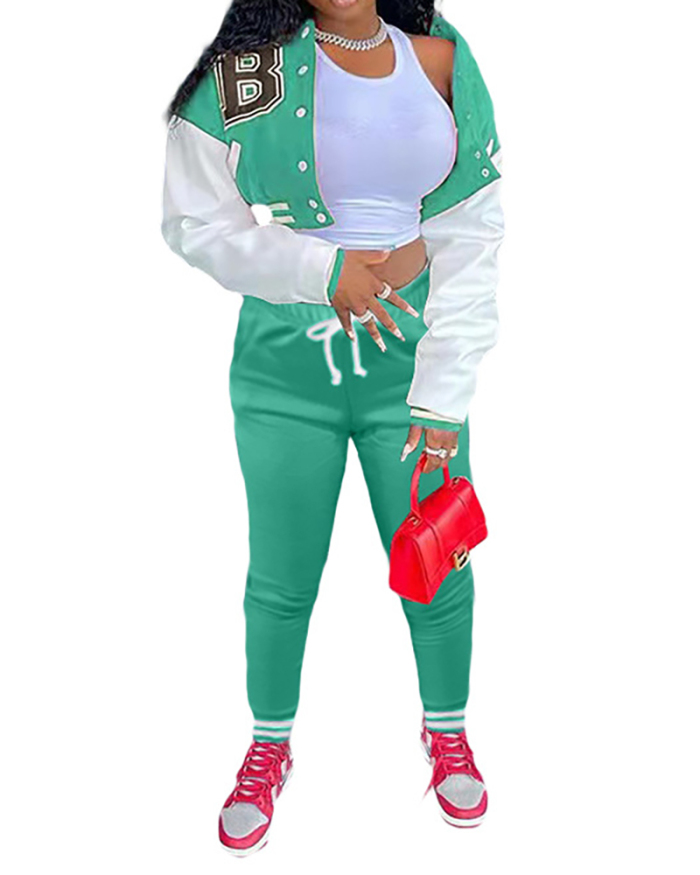 Women Colorblock Jacket Colorblock Single-breasted Alphabet Print Baseball Uniform Sports Suit Two Pieces Outfit S-2XL
