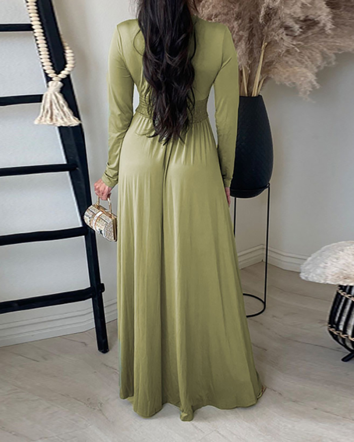 Elegant Long Sleeve Deep V-Neck Solid Color Women Maxi Evening Dress Pink Green Brown Black S-XL