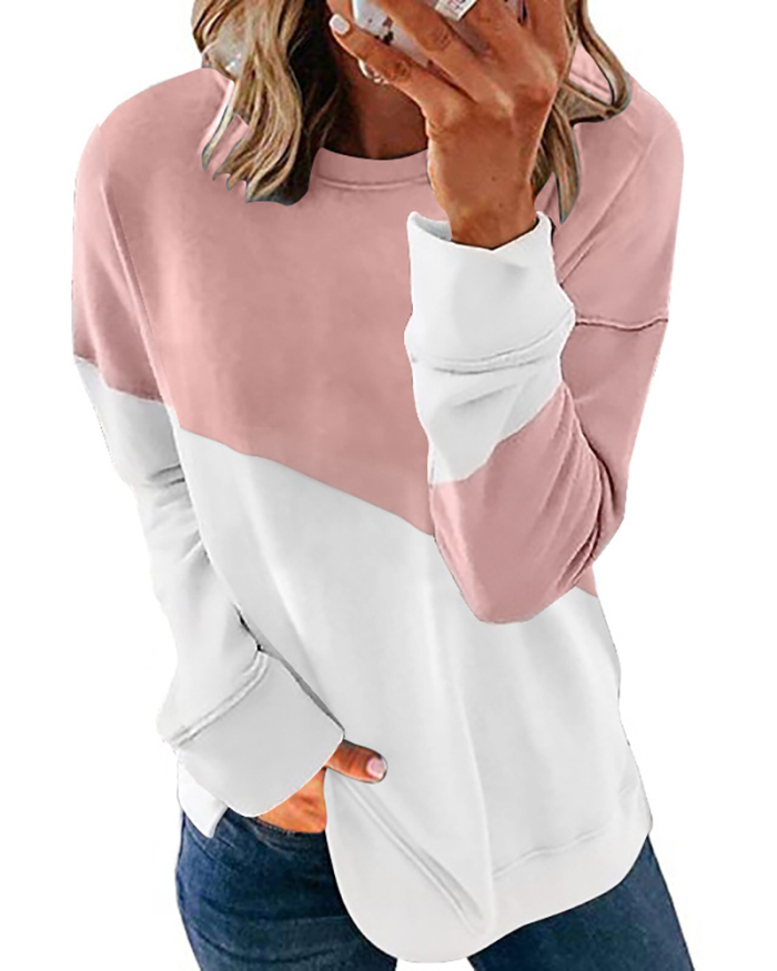 2021 New Color Blocking Long Sleeve Round Neck Contrast Loose Sweater T-shirt Oversized Crewneck Sweatshirt Hoodies