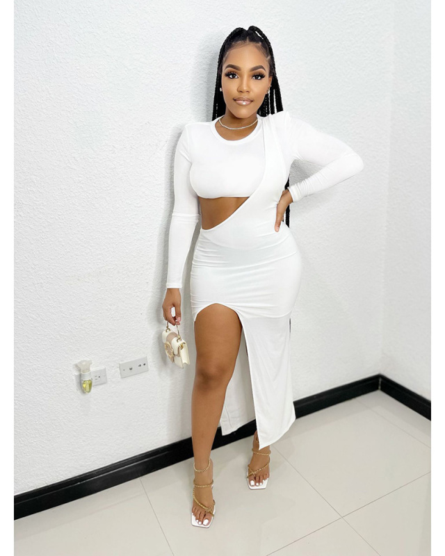 Long Sleeve Solid Color Women New Hot Two Piece Skirt Set S-XXL