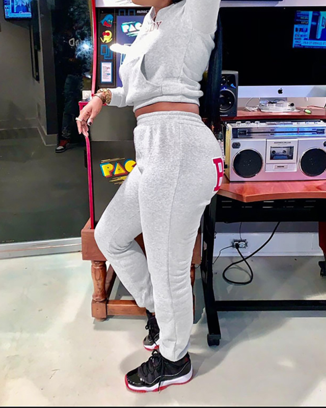 Lady Letter Printing Hoodies Long Sleeve Sporty Two Piece Set Orange White Black S-2XL 