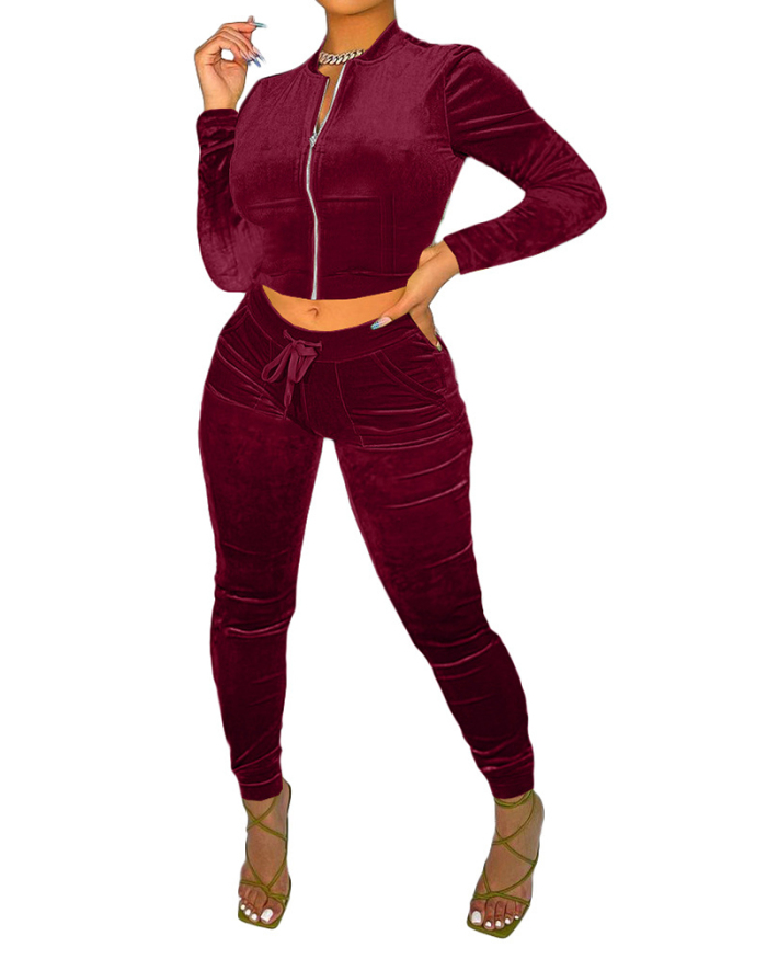 Women Solid Color Zipper Causal Two Piece Set Khaki Pink Black Wine Red Green S-2XL 