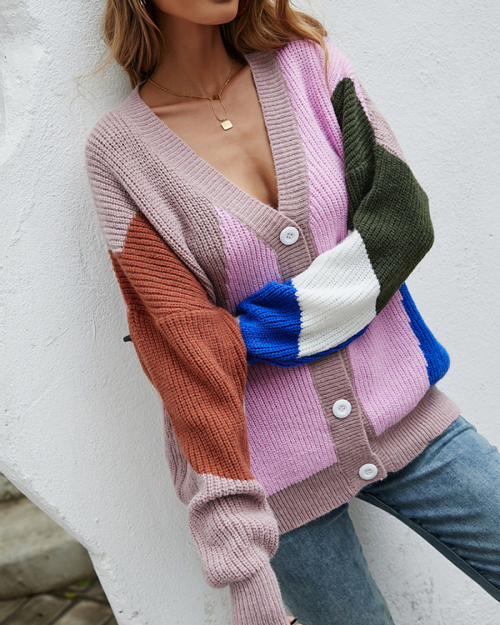 Lady Fashion Colorblock V-Neck Tops Sweater Pink Black Apricot S-XL 