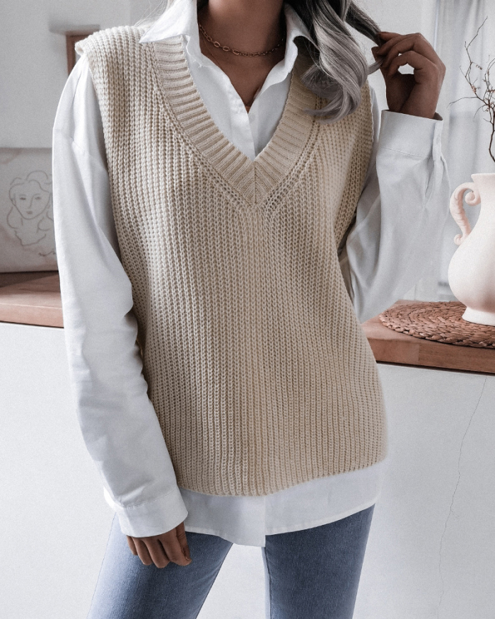 Women Solid Color Fall & Winter Casual V-Neck Knitting Sweater Sleeve Vest Blue White Apricot S-L
