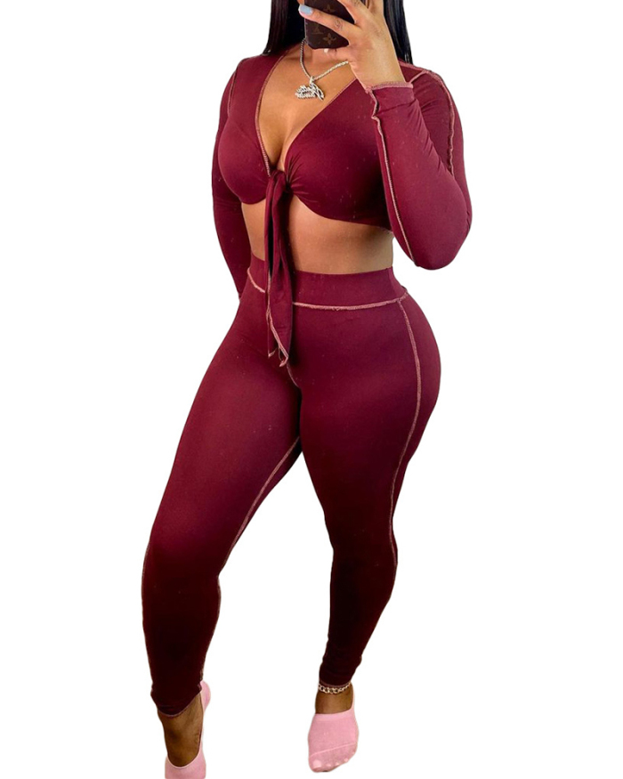 Long Sleeve Solid Color V-Neck Crop Top Slim Pants Sets Two Pieces Outfit Black Wine Red S-XL