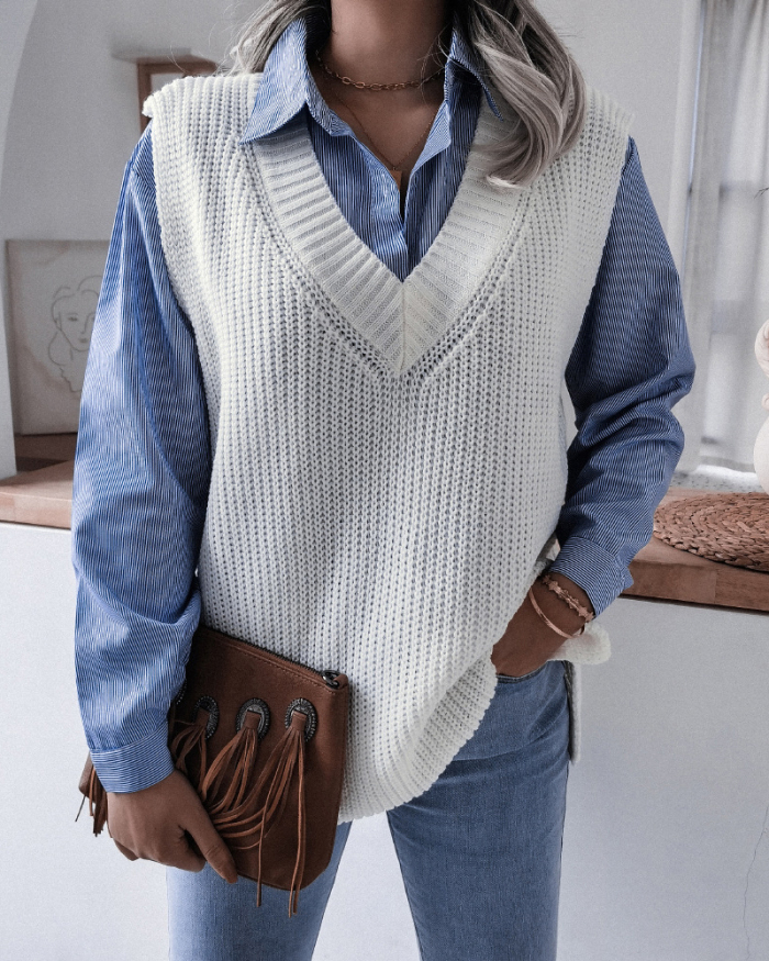 Women Solid Color Fall & Winter Casual V-Neck Knitting Sweater Sleeve Vest Blue White Apricot S-L