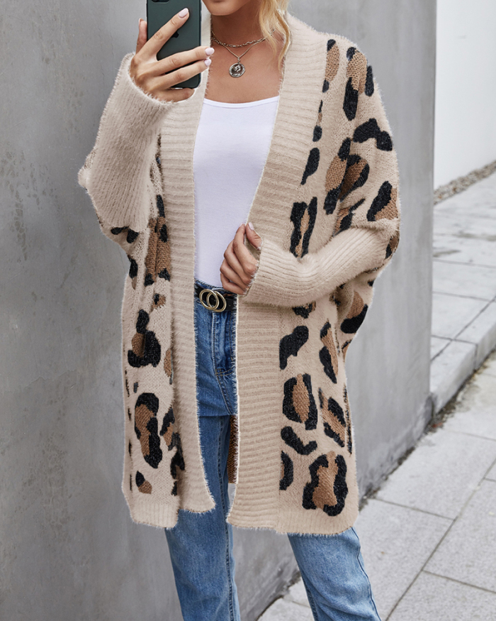 Lady Leopard Printing Cardigan Sweater Khaki Gray Apricot S-XL 