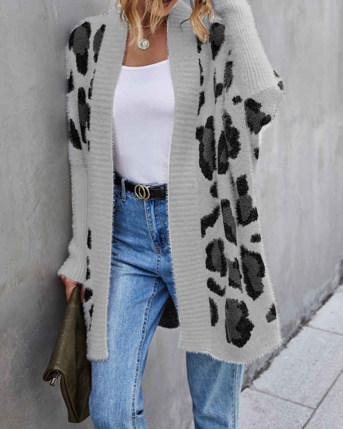 Lady Leopard Printing Cardigan Sweater Khaki Gray Apricot S-XL 
