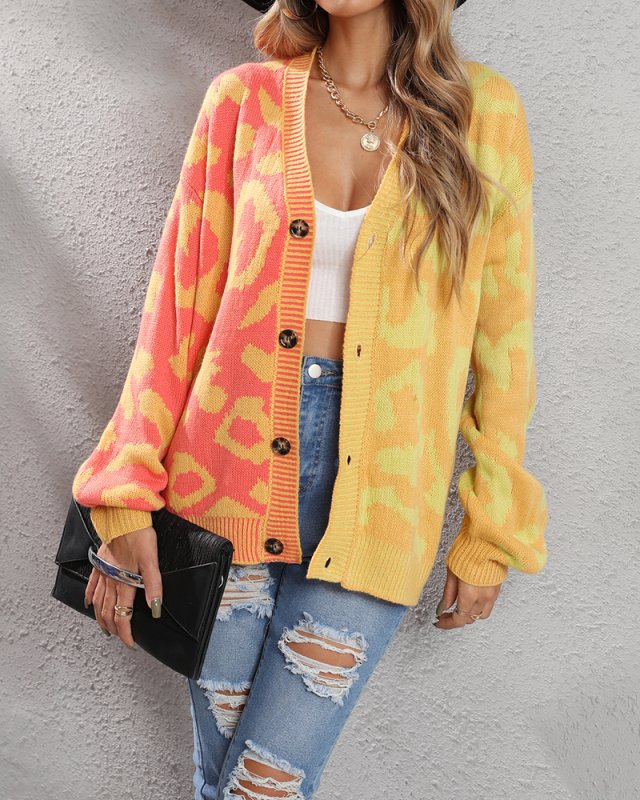 Women Buttons Colorblock Cardigan Sweater Tops Yellow Purple Gray Red S-XL 