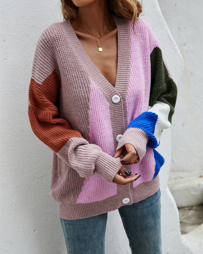 Lady Fashion Colorblock V-Neck Tops Sweater Pink Black Apricot S-XL 