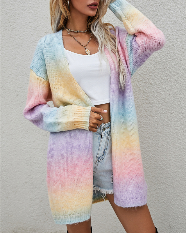 Lady Colorblock Cardigan Pocket Sweater Pink Yellow Blue Red Brown S-XL 