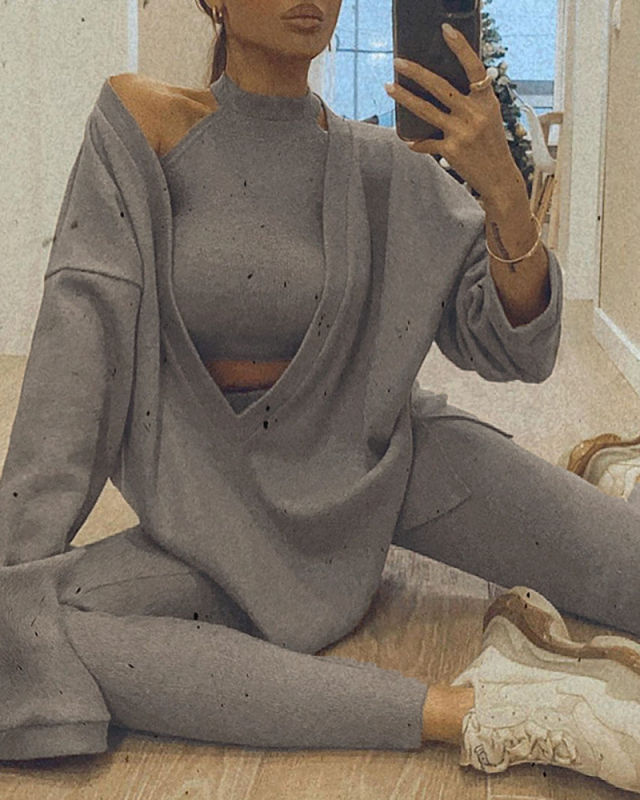 Pullover 2021 New High-Neck Vest  V-Neck Long-Sleeved Loose Two-Piece Suit S-L
