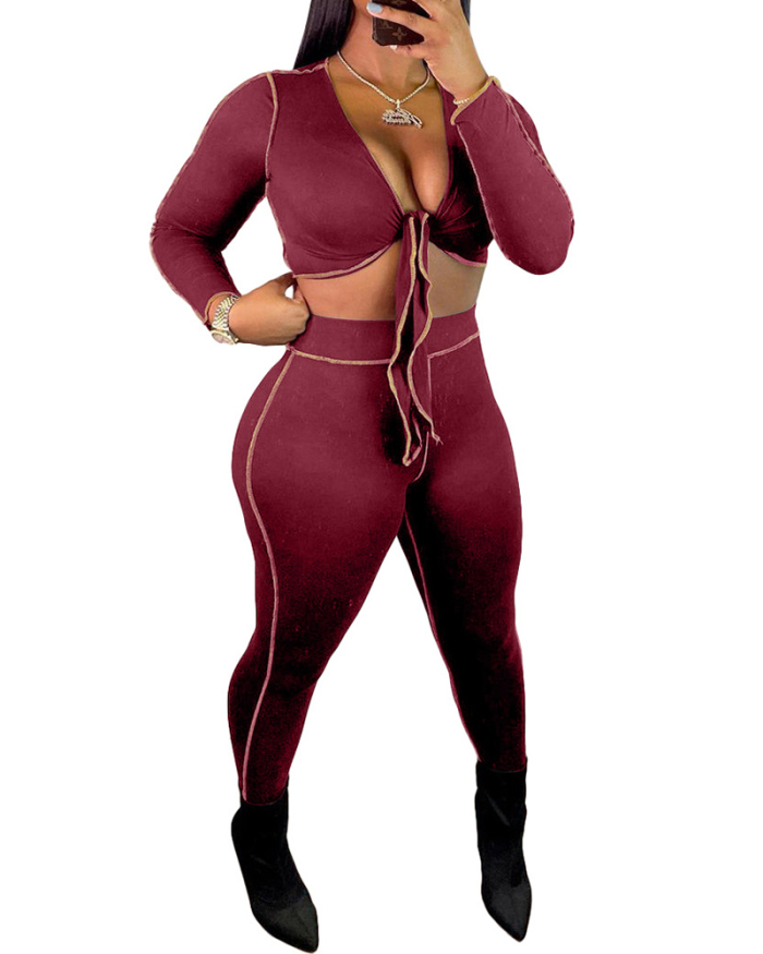 Long Sleeve Solid Color V-Neck Crop Top Slim Pants Sets Two Pieces Outfit Black Wine Red S-XL