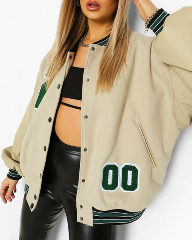 Baseball Bomber Jacket Women Hip Hop Letter Patchwork PU Leather Streetwear Autumn 2021 College Oversized Coats Varsity Jackets