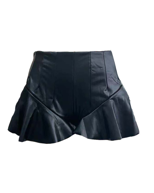 Black PU Leather Ruffle Shorts S-XL