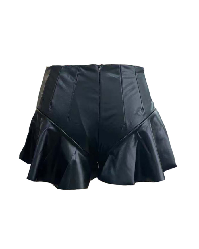 Black PU Leather Ruffle Shorts S-XL